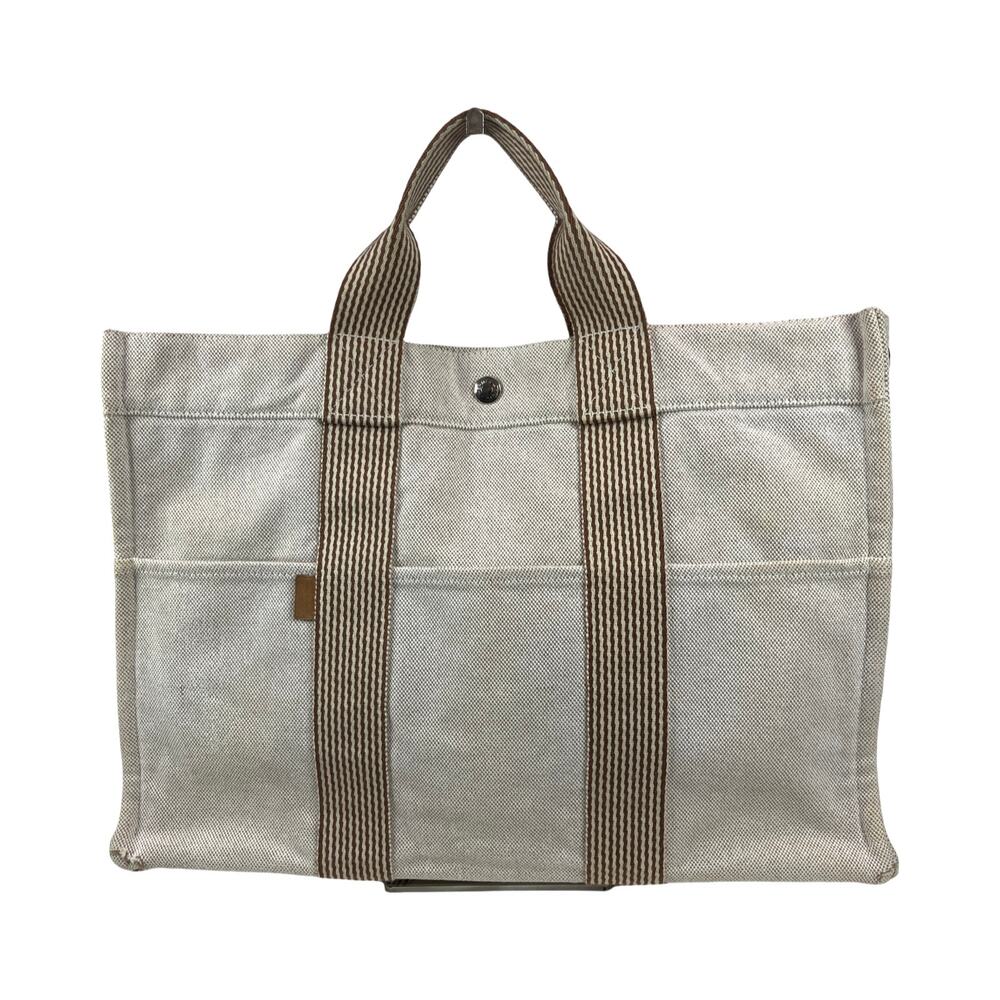 Hermès Fourre Tout MM Canvas Tote Bag Ecru Brown Striped Handles France